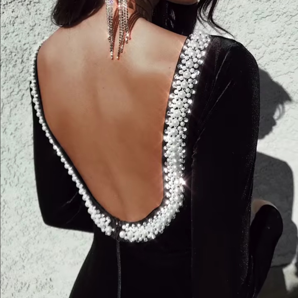 Long Black Velvet Gown Pearl Accent Back